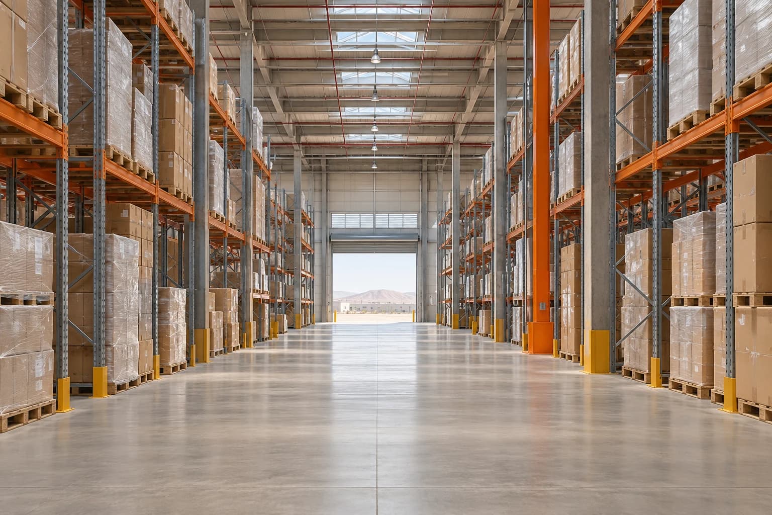 Warehouse storage racks and pallet aisle